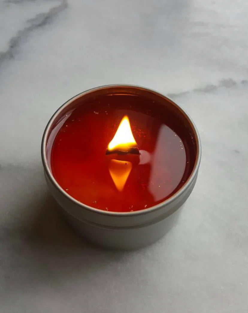 Butterbeer Magic Candle in gold tin, glowing wood wick